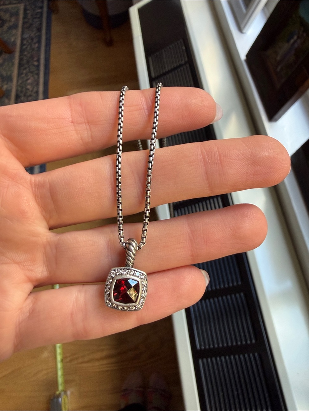 David Yurman Petite Albion Necklace Sterling Silver w/ Garnet & Pave Diamonds